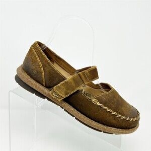 Born Women's Mary Jane Comfort Flats Brown Whipstitch Hook & Loop Strap Size 6.5